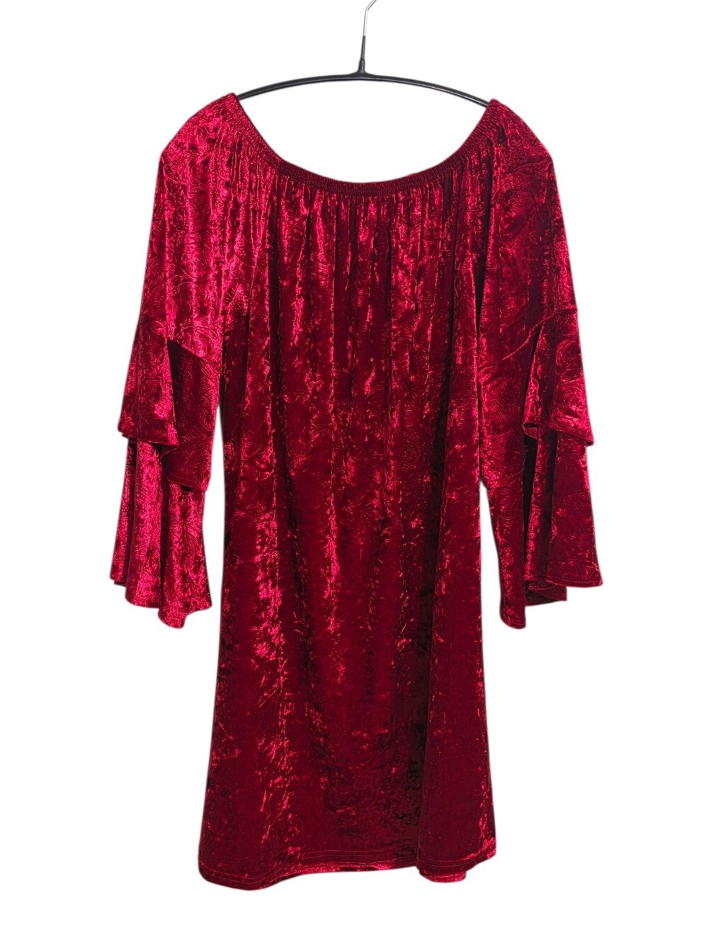 Red Crushed Velvet Floral Paisley Mini Dress L Tiered Sleeve Western Boho